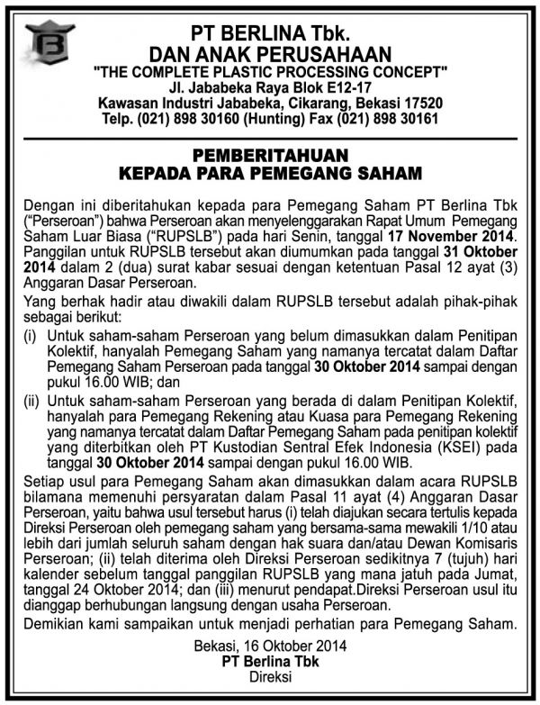 Pemberitahuan Kepada Para Pemegang Saham (16 Okt 2014)