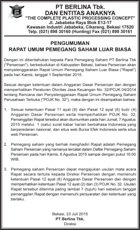 Pengumuman Rapat Umum Pemegang Saham Luar Biasa