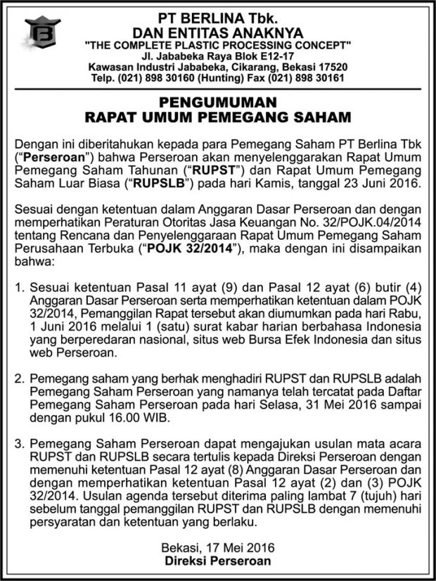 BRNA – Pengumuman Rapat Umum Pemegang Saham Tahunan dan Luar Biasa (23 Juni 2016)