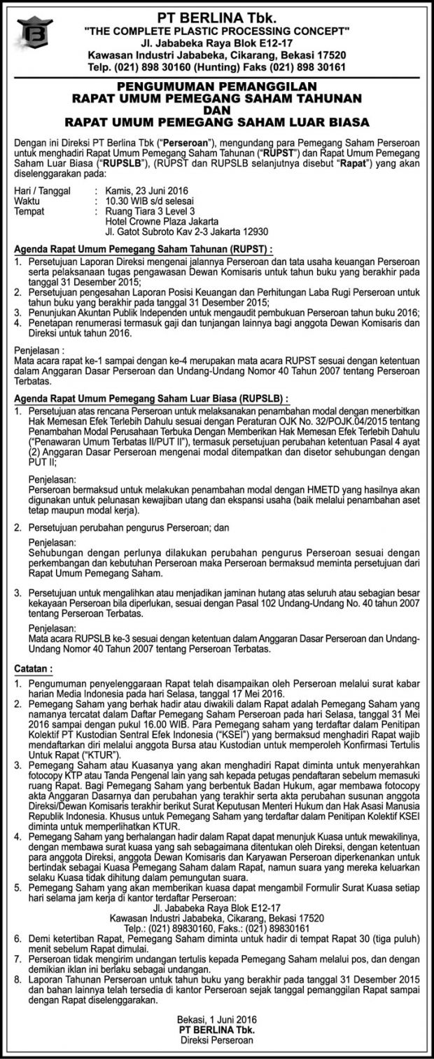 BRNA – Pengumuman Pemanggilan Rapat Umum Pemegang Saham Tahunan dan Luar Biasa (23 Juni 2016)