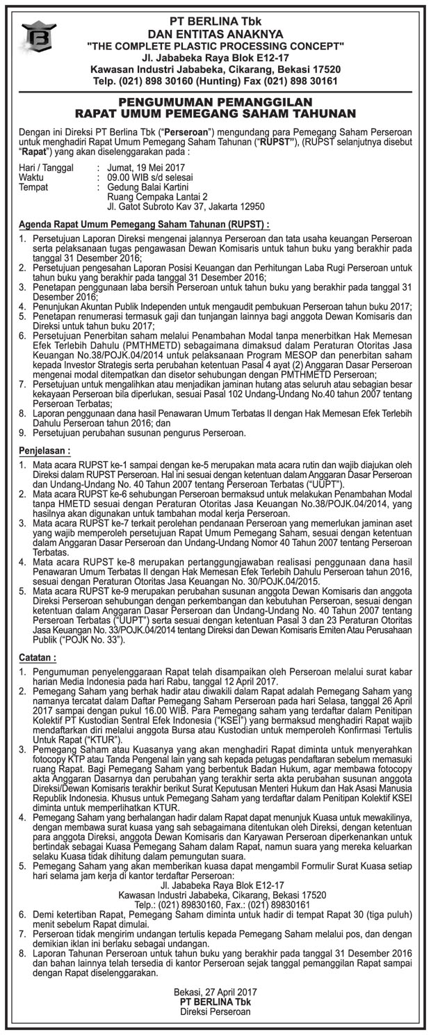 BRNA – Pengumuman Pemanggilan Rapat Umum Pemegang Saham Tahunan - 19 Mei 2017
