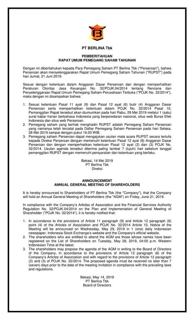 BRNA - Pemberitahuan Rapat Umum Pemegang Saham Tahunan PT Berlina Tbk - 21 Juni 2019